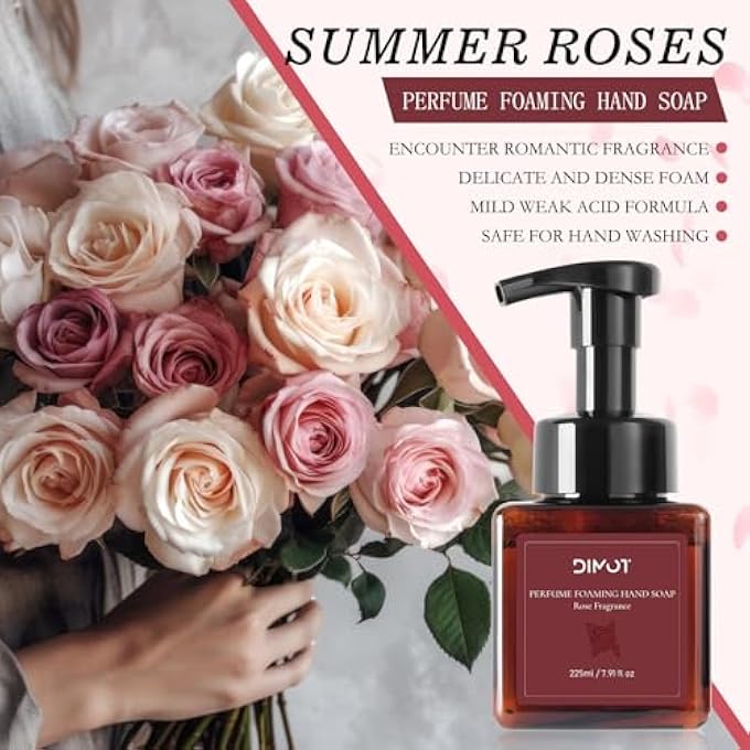 DIMOT FOAM HAND SOAP ROSE FRAGRANCE - GENTLE FOAM SOAP WITH HYALURONIC ACID & VITAMIN E, MILD FOAM MOUSSE FOR DAILY HAND WASH - 225 ML - Image 2